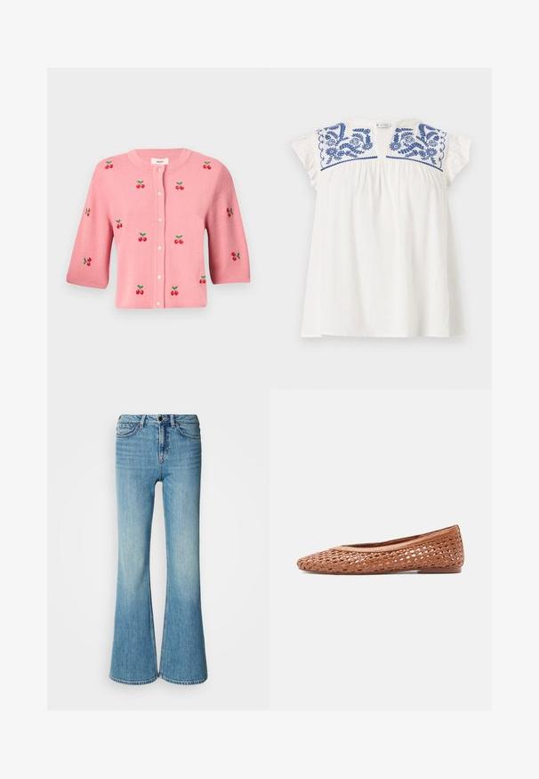 Object OBJTHESS - Gilet - rose elegance; Haut blanc à manches courtes avec broderie florale bleue au niveau du col, présentant des plis pour ajouter du volume et des manches en dentelle douce. Tissu léger et décontracté.; Jean évasé bleu clair en denim. Dispose d'un design classique à cinq poches, d'une fermeture à boutons et d'un effet délavé vers l'ourlet.; Chaussure plate en cuir tressé marron avec bout arrondi et petit talon, profil latéral sur un fond clair uni.