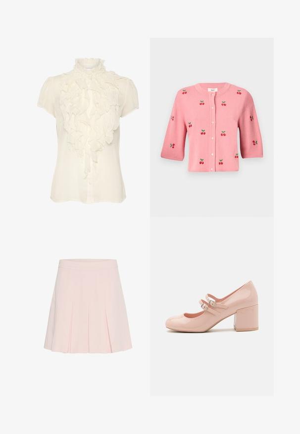 Object OBJTHESS - Neuletakki - rose elegance; Kreemi bluus, mis on valmistatud kerge materjali, millel on volangidega esiosa, kõrge kaelus, lühikesed varrukad ja nööpidega kinni panemise võimalus.; Vaaleanpunainen pleatattu hame, jossa on istuva vyötäröosa. Valmistettu pehmeästä kankaasta, se sisältää teräviä poimuja ja sileän tekstuurin.; Vaaleanpunaiset patenttilaadusta valmistetut korkeakorkoiset kengät, joissa on pyöreä kärki, kaksi säädettävää solkikiinnitystä ja paksu, läpinäkyvä lohkokorko.
