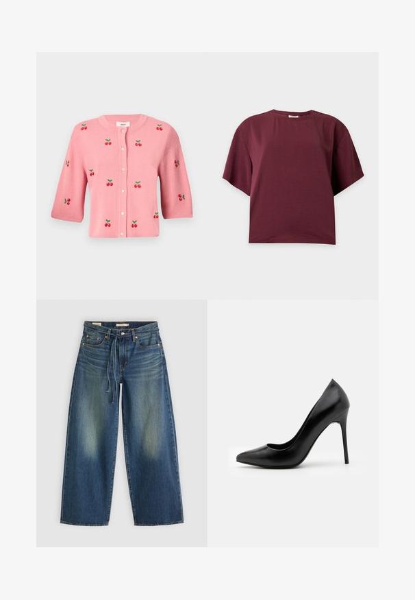 Object OBJTHESS - Vest - rose elegance; Effen donkerrode katoenen T-shirt met korte mouwen, ronde hals en losse pasvorm op een effen lichte achtergrond.; Denim wide-leg jeans in donkerblauw met een vervaagd ontwerp, voorzien van een trekkoord in de taille en vijf zakken.; Zwarte leren high heel pump met een spitse neus en een gladde textuur. Kenmerkt zich door een slanke stilettohak en een laag uitgesneden vamp ontwerp.