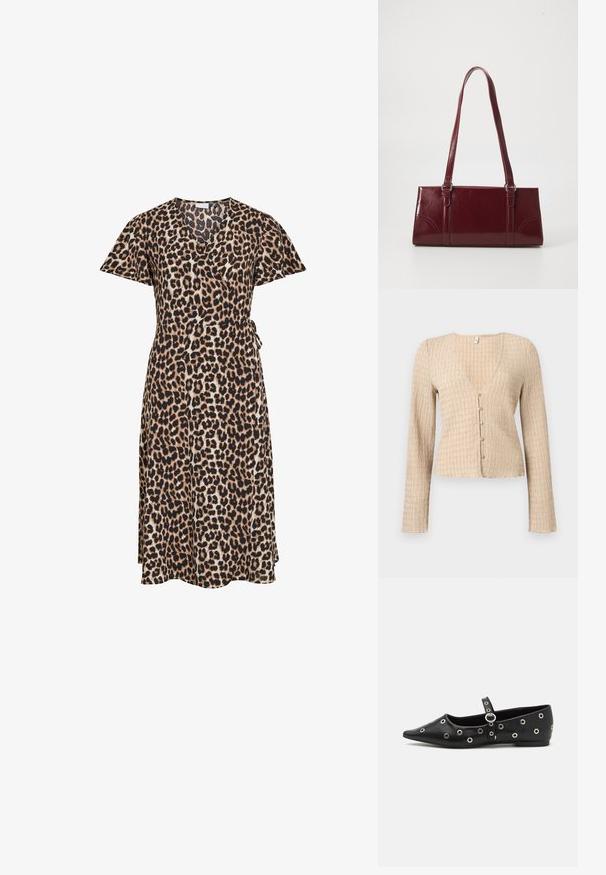 Beige langærmet cropped cardigan med bølget tekstur og fem små runde knapper foran.; Omslagskjole til knæet med korte ærmer i leopardprint, med bælte der bindes i siden og V-halsudskæring.; Sort læder fladsko med spids tå, prydet med dekorative sølv øjer og et justerbart bånd over anklen.; Bordeaux håndtaske lavet af glansfuldt materiale, rektangulær form, med to skulderremme og subtile buede detaljer på forsiden.