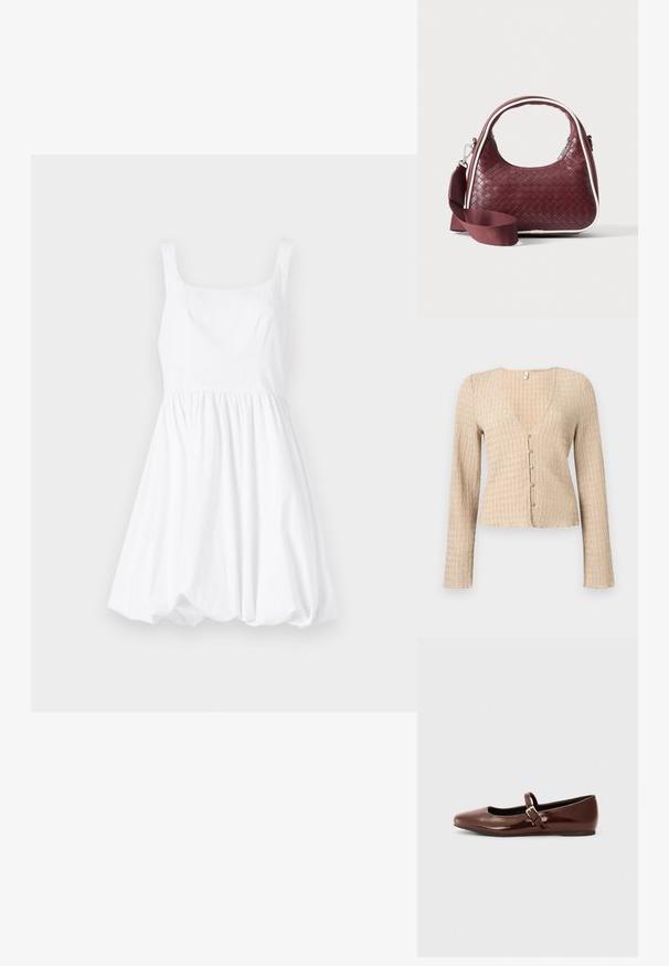 Cardigan court beige à manches longues avec texture ondulée et cinq petits boutons ronds sur le devant.; Robe en coton blanc avec un décolleté carré, des fines bretelles et une jupe froncée, créant une silhouette volumineuse.; Ballerine en cuir verni marron avec un bout carré et une lanière ornée d'une petite boucle dorée. Texture lisse, talon bas et design minimaliste.; Sac à main en cuir tressé marron foncé avec poignée courbée, garniture blanche, fermeture éclair argentée et bandoulière large en tissu amovible sur fond uni.