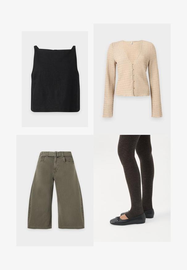 Cardigan court beige à manches longues avec texture ondulée et cinq petits boutons ronds sur le devant.; Haut court noir sans manches avec encolure carrée et ourlet droit présenté sur fond blanc.; Pantalon court ample vert olive avec poches devant et ceinture en tissu assortie à la taille.; Jambes portant des leggings côtelés foncés associés à des ballerines noires avec de petits détails en nœud sur fond blanc.