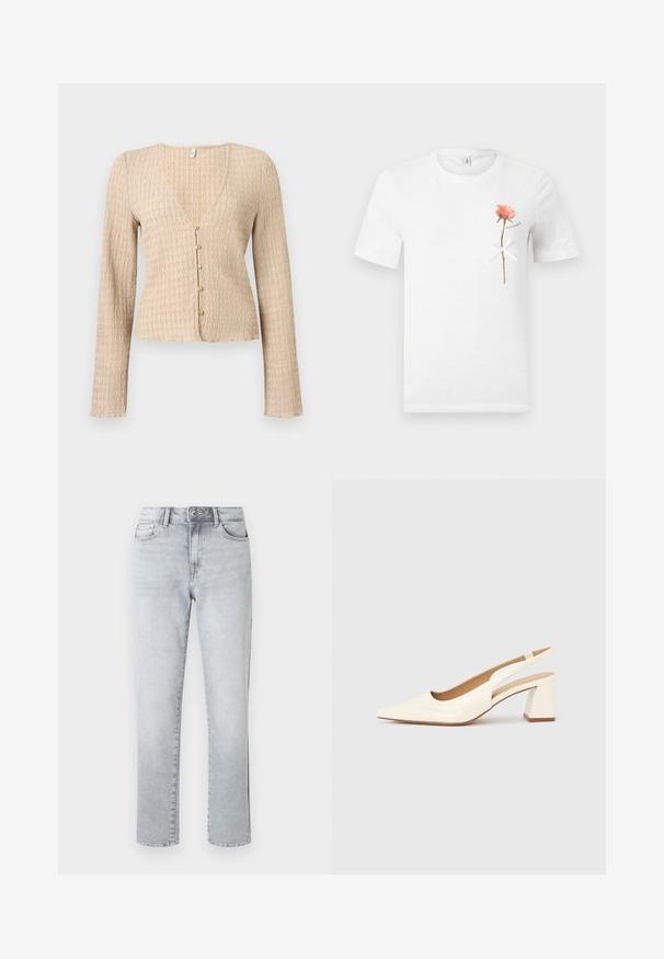 Cardigan court beige à manches longues avec texture ondulée et cinq petits boutons ronds sur le devant.; T-shirt blanc à manches courtes avec une seule rose rose et un nœud blanc noué autour de sa tige sur le côté gauche de la poitrine.; Jean droit gris clair avec fermeture à bouton, poches avant et passants pour ceinture, présenté sur un fond blanc uni.; Escarpin slingback en cuir verni crème brillant, avec un bout pointu et un talon carré épais pour la stabilité. Design minimaliste, sans ornements.
