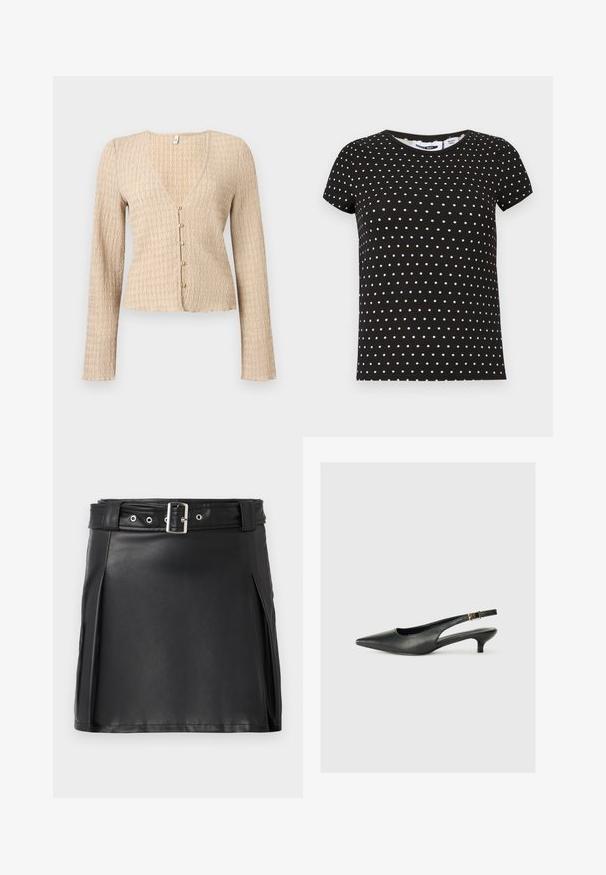 Beige langærmet cropped cardigan med bølget tekstur og fem små runde knapper foran.; Sort kortærmet t-shirt med hvide polkaprikker, rund halsudskæring og lige kant.; Sort faux læder mini nederdel med en tætsiddende pasform, sidesyninger og et bælte med en sølvfarvet spænde og øjne. Glat tekstur, høj talje.; Sorte spidse slingback-sko lavet af glat læder. Har en tynd hæl og en spænde detalje på den justerbare rem.
