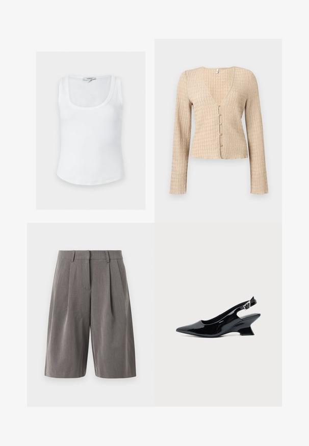 Cardigan court beige à manches longues avec texture ondulée et cinq petits boutons ronds sur le devant.; Débardeur blanc côtelé sans manches avec encolure dégagée et étiquette Topshop à l'arrière du col intérieur, présenté sur un fond uni.; Shorts gris sur mesure à longueur genou, avec plis sur le devant et passants pour ceinture, fabriqués en tissu tissé lisse, présentés sur un fond uni.; Chaussure slingback en cuir verni noir avec bout pointu et petit talon bloc incliné sur fond clair uni.