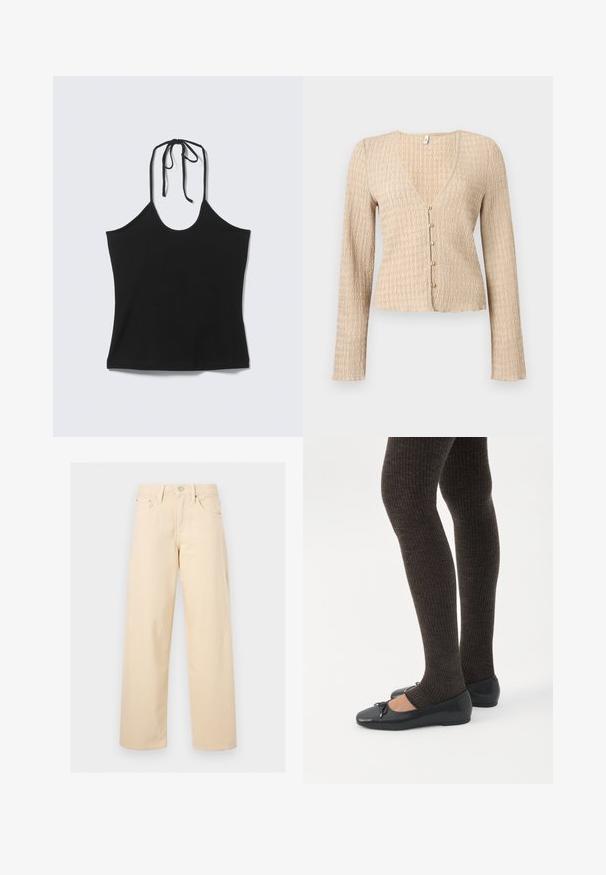 Cardigan court beige à manches longues avec texture ondulée et cinq petits boutons ronds sur le devant.; Top noir sans manches à col licou avec fines bretelles nouées derrière le cou, ajusté au niveau du torse, présenté sur un fond clair uni.; Pantalon beige droit avec bouton et fermeture éclair à l’avant, passants pour ceinture et design cinq poches sur un fond uni clair.; Jambes portant des leggings côtelés foncés associés à des ballerines noires avec de petits détails en nœud sur fond blanc.
