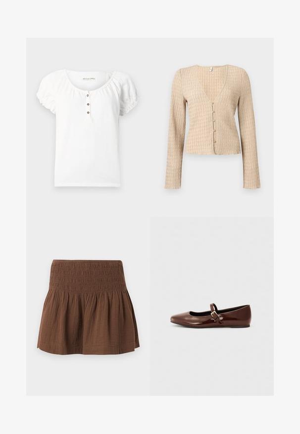 Cardigan court beige à manches longues avec texture ondulée et cinq petits boutons ronds sur le devant.; Chemisier blanc à manches courtes avec manches froncées, col rond et trois boutons marron au centre devant.; Mini-jupe marron avec ceinture élastique smockée et tissu froncé en dessous, fabriquée en matériau léger texturé.; Ballerine en cuir verni marron avec un bout carré et une lanière ornée d'une petite boucle dorée. Texture lisse, talon bas et design minimaliste.