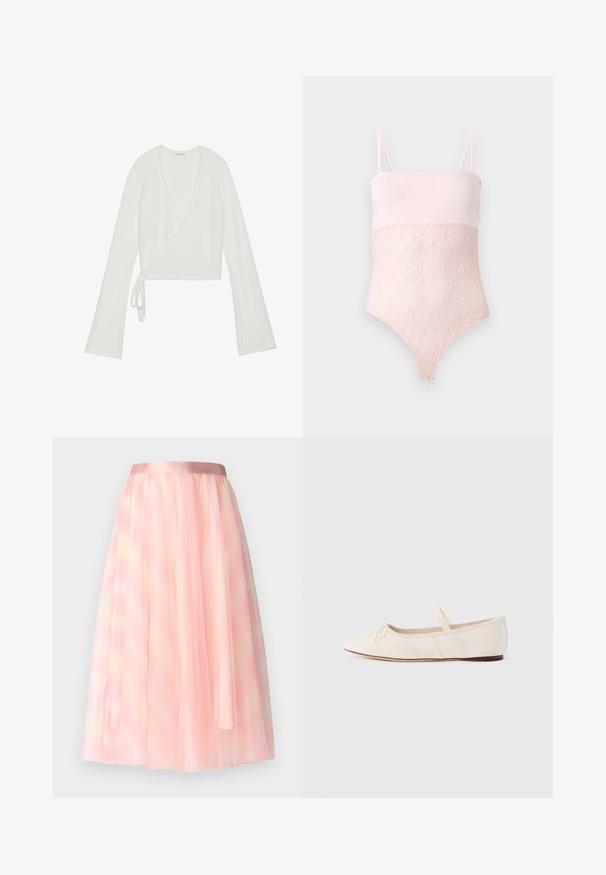White fuzzy wrap sweater with long wide sleeves and a side tie at the waist, displayed on a plain background.; Light pink lace bodysuit with spaghetti straps and a smooth top section against a plain light background.; Ida Sjöstedt FLAWLESS SKIRT - A-line skirt - pink; Ballet flats with a light beige suede upper, pointed toe, and a thin elastic strap across the vamp. Flat sole with minimal rubber accent.