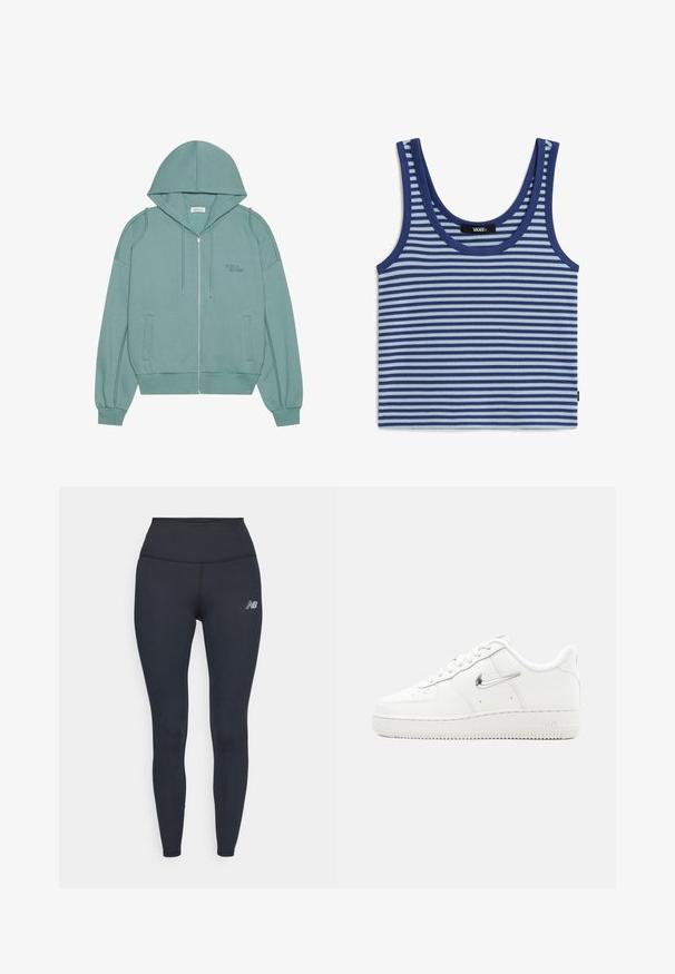 Sudadera con capucha y cremallera en suave tela verde claro. Presenta puños acanalados, dos bolsillos laterales y un sutil logo bordado en el pecho.; Camiseta sin mangas a rayas azul y azul claro con ribete azul marino y etiqueta con el logo de Vans en el escote.; Leggings negros de talle alto hechos de material elástico, con un diseño elegante y un pequeño logo reflectante en el muslo.; Zapatilla Nike Air Force 1 blanca con logo Swoosh metálico plateado, cordones en la parte frontal, puntera perforada y suela de goma texturizada.