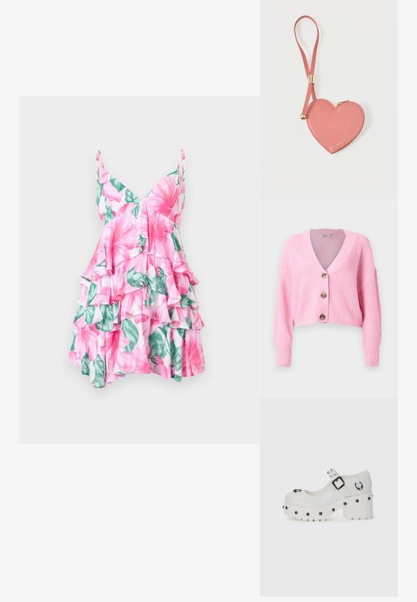 Chunky gebreid cropped roze vest met lange mouwen, V-hals en drie grote knopen aan de voorkant.; Bloemenjurk met een v-halslijn, een oversized bloemmotief in roze en groen, gelaagd ruches en een lichte stofstructuur.; Witte plateau schoenen met een ronde neus, gespsluiting en ronde studs. Getextureerde zool met een lichte hak en decoratieve hardware-details.; Roze leren muntportemonnee in hartvorm met polsbandje en gouden rits, gebrandmerkt met kleine gouden tekst "Furla".