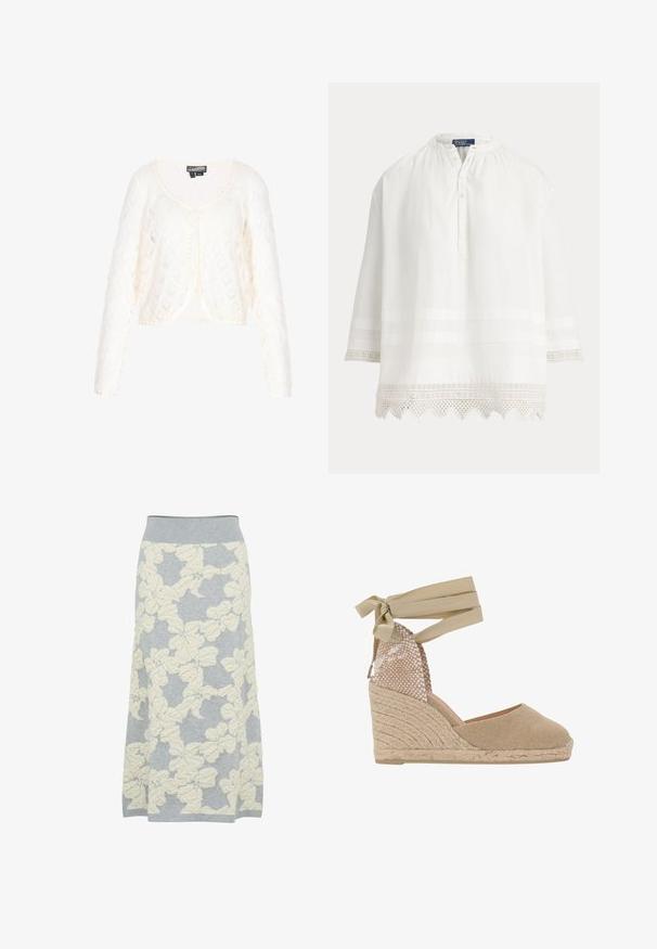 Hvid cropped cardigan i et tekstureret strikket mønster med lange ærmer og en rund halsudskæring. Har en bundet lukning foran.; Hvid bluse med lange ærmer med rund krave, knapper foran og dekorative blonder langs kant og manchetter.; Grå striknederdel med struktureret cremefarvet blomstermønster, med et tætsiddende talje og et let A-formet design.; Beige espadrille wedge sandal med en tekstureret vævet overdel, snørebånd omkring anklen og en jute-indhyllet platformhæl.