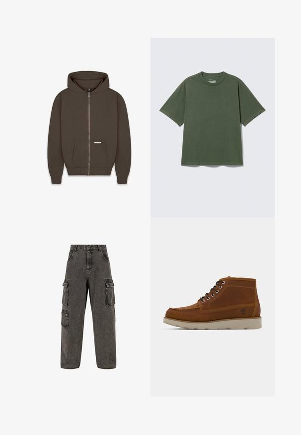 Sudadera con cremallera marrón hecha de una tela suave, que presenta una gran capucha, dos bolsillos frontales y puños y dobladillo acanalados. Etiqueta pequeña en el bolsillo.; Camiseta de algodón lisa de color verde oliva con mangas cortas y cuello redondo, mostrada desplegada sobre un fondo gris claro.; Karl Kani OG BAGGY - Vaqueros boyfriend - grey; Botas de cuero marrón de corte medio conpuntera redonda, cordones negros y una superficie texturizada. Presentan una suela de color claro y un detalle con el logo de un árbol.