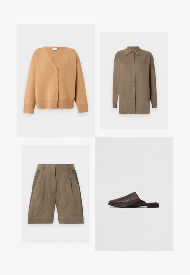 Cárdigan de lana beige con cuello en V, cinco botones dorados y dobladillo acanalado. Presenta mangas de tres cuartos y un sutil detalle de logo en el pecho.; Camisa marrón de manga larga con botones, cuello puntiagudo y un único bolsillo en el pecho, mostrada sobre un fondo liso y claro.; Pantalones cortos marrones de cintura alta con trabillas para cinturón, pliegues y detalles trenzados a lo largo de las costuras laterales.; Mule negro sin cierres hecho de material texturizado con un patrón de reptil, que presenta un tacón bajo y plano y un diseño de punta redondeada y abierta.
