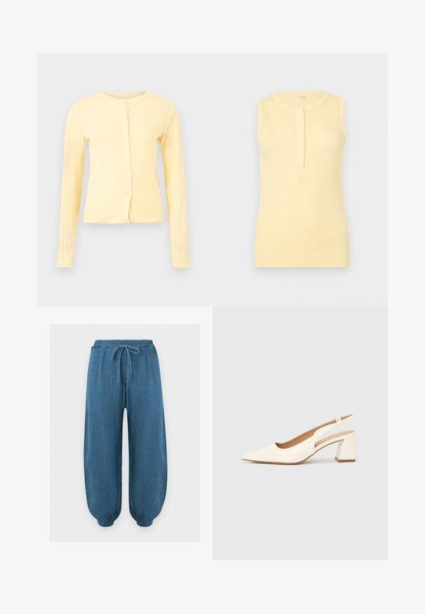 Cardigan jaune clair à manches longues en maille côtelée, avec encolure ronde et fermeture à boutons sur le devant, sur un fond uni.; Débardeur jaune côtelé sans manches avec un col rond et une patte de boutonnage à l'avant comportant quatre boutons.; Pantalon bleu texturé ample avec ceinture élastique et poignets aux chevilles, avec un cordon de serrage à l'avant pour l'ajustement.; Escarpin slingback en cuir verni crème brillant, avec un bout pointu et un talon carré épais pour la stabilité. Design minimaliste, sans ornements.