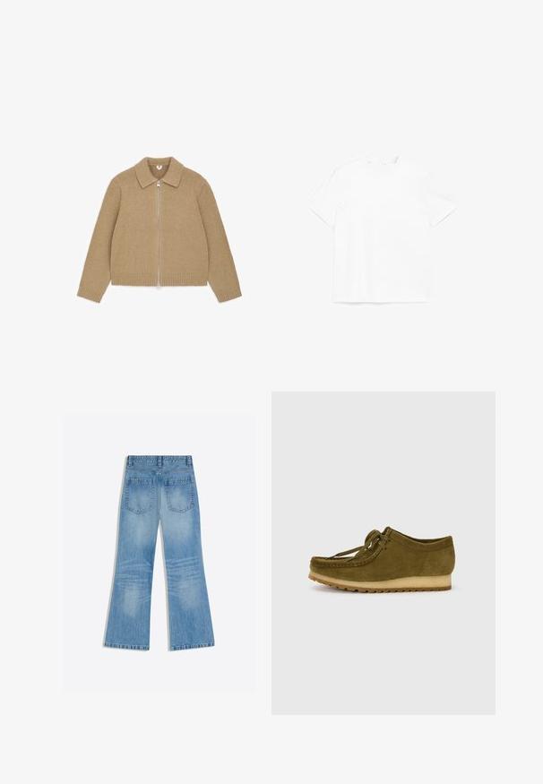 Beige gebreide trui met ritssluiting, lange mouwen en een omgeslagen kraag, plat liggend op een witte achtergrond.; Effen witte T-shirt met korte mouwen en ronde hals, plat liggend op een witte achtergrond, vooraanzicht zonder afbeeldingen of tekst.; Lichtblauwe spijkerbroek met hoge taille, brede pijpen en twee achterzakken, plat getoond op een witte achtergrond.; Olijfgroene suède schoen met een ronde neus, vetersluiting en een lage, gestructureerde rubberen zool. Minimale stiknaad details langs de rand.