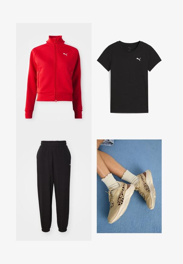 Chaqueta de chándal roja con cierre de cremallera, rayas blancas en los laterales, cuello alto, puños y dobladillo acanalados, con un pequeño logo blanco en el lado izquierdo del pecho.; Camiseta negra de manga corta Puma con cuello redondo y logo blanco de Puma en el pecho izquierdo.; Pantalones de chándal negros hechos de tela suave, con cinturilla acanalada y tobillos ajustados. Incluye un pequeño logotipo en el costado.; Piernas cruzadas con zapatillas Puma beige con rayas de estampado de leopardo y calcetines crema con volantes sobre una alfombra azul.