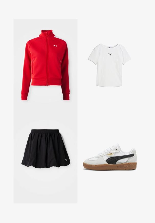 Rød zip-up træningsjakke med hvide sidelister, høj krave, ribbede manchetter og kant, med et lille hvidt logo på venstre bryst.; Hvid ribstrikket T-shirt med korte ærmer, rund halsudskæring og et lille sort Puma-logo i midten af brystet.; Sort atletisk nederdel med elastisk talje, der har hvide sidelister og et lille logo i kanten. Fremstillet af letvægtsstof.; Hvide lædersneakers med en sort ruskindsstribe, gummigummisål og guldbranding på siden. Snørebånddesign med en afrundet tå.