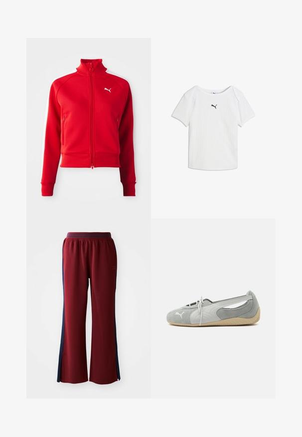 Rød zip-up træningsjakke med hvide sidelister, høj krave, ribbede manchetter og kant, med et lille hvidt logo på venstre bryst.; Hvid ribstrikket T-shirt med korte ærmer, rund halsudskæring og et lille sort Puma-logo i midten af brystet.; Røde sweatpants med en løs pasform, med marineblå sidelister og et bredt ben design. Elastisk talje for komfort.; Lysegrå Puma ruskind flad sko med hvidt logo, snørelukning foran, udskårne sider og beige tekstureret sål, vist fra ydersiden.