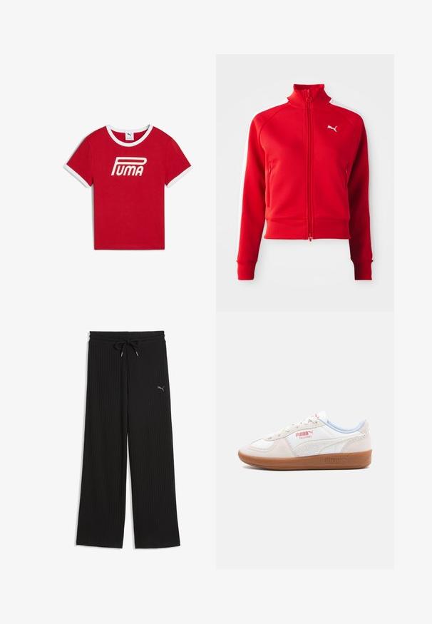 Veste de survêtement zippée rouge avec des rayures blanches sur les côtés, col montant, poignets et ourlet côtelés, présentant un petit logo blanc sur la poitrine gauche.; T-shirt en coton rouge avec un col et des bords de manches en côtes blanches, arborant un grand logo blanc "PUMA" sur le devant.; Pantalon large noir côtelé avec taille élastique à cordon de serrage et petit logo Puma sur la cuisse gauche; Baskets Puma Palermo en cuir crème et blanc avec semelle en caoutchouc gomme. Les caractéristiques incluent un système de laçage et des accents texturés sur les côtés.