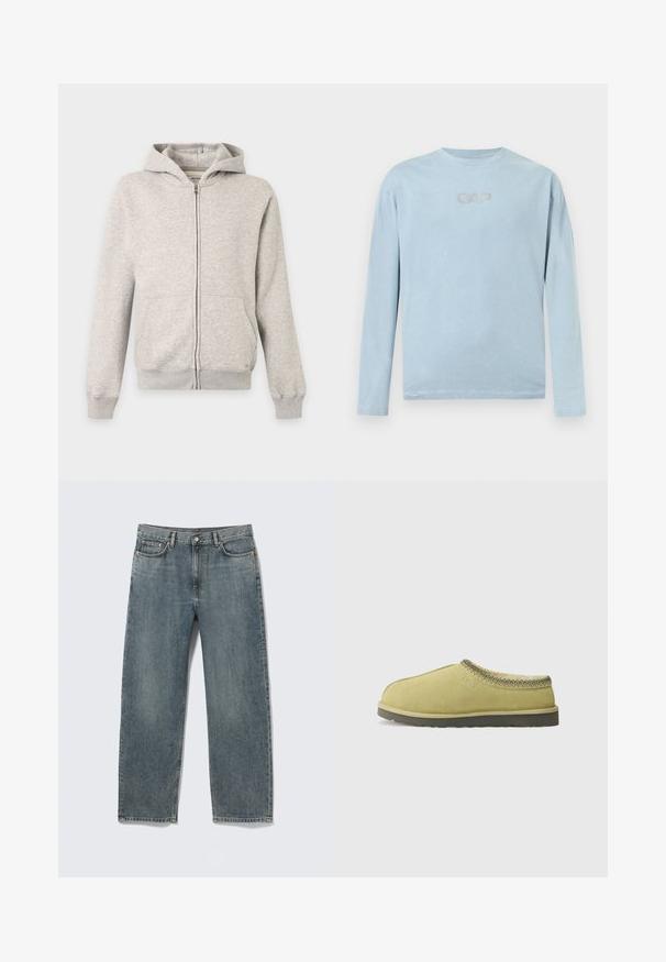 Sweat à capuche gris clair zippé intégralement, avec poches avant, manches longues, poignets côtelés et capuche attachée sur fond uni.; T-shirt bleu clair à manches longues avec col rond, logo CAP en lettres en relief centré sur la poitrine.; Jean en denim bleu à jambes droites avec poches avant et arrière, passants pour ceinture, et fermeture par bouton, présenté à plat sur fond blanc.; UGG TASMAN II - Chaussons - muted brass/magnolia leaf
