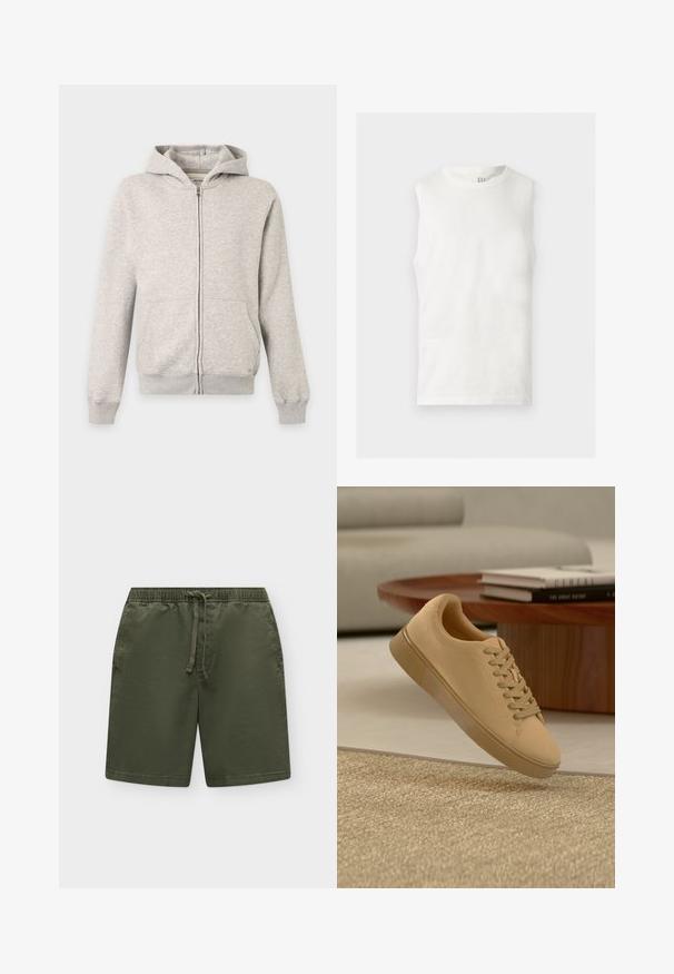 Sweat à capuche gris clair zippé intégralement, avec poches avant, manches longues, poignets côtelés et capuche attachée sur fond uni.; Débardeur blanc sans manches à col rond avec un petit logo GAP à l'intérieur du col arrière, posé à plat sur un fond clair.; Shorts longueur genou vert olive avec taille élastique et cordon à l'avant, posés à plat sur un fond clair.; Baskets beiges à lacets flottant au-dessus d'un tapis texturé avec une table basse en bois et des livres empilés en arrière-plan flou.