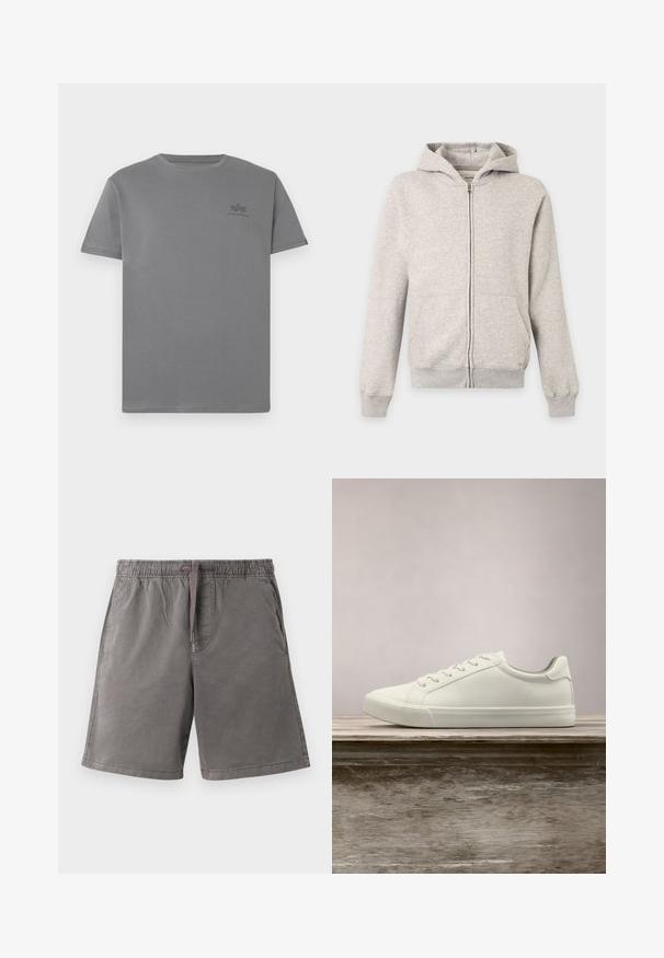 Lysegrå hættetrøje med fuld lynlås, forlommer, lange ærmer, ribstrikkede manchetter og fastmonteret hætte på ensfarvet baggrund.; Grå bomulds T-shirt med rund hals og korte ærmer. Har et lille sort logo på venstre brystområde. Glat tekstur.; Grå afslappede shorts med elastisk talje og snøre, forlommer og afslappet pasform, vist fladt på en lys baggrund.; Hvide snørresneakers svævende over en træbænk med grønne planter i baggrunden, der fremhæver skodesign og tekstur.