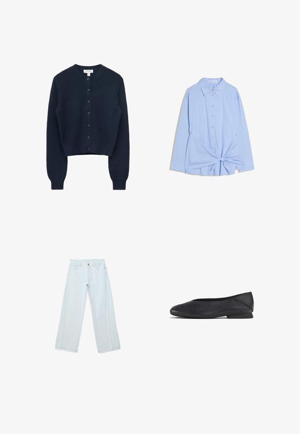 Cardigan en maille côtelée bleu marine foncé avec manches longues, encolure ronde et fermeture à boutons sur le devant avec sept boutons.; Chemise bleu clair à manches longues avec col pointu et détail de nœud en tissu sur le devant à la taille.; Jean bleu clair à jambes larges, taille haute, fermeture bouton et zip, poches avant, et détails de coutures visibles le long des jambes.; Chaussure plate en cuir noir avec un bout rond et un petit talon, conçue pour une utilisation décontractée ou formelle.