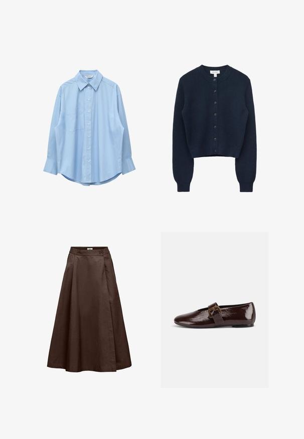 Cardigan en maille côtelée bleu marine foncé avec manches longues, encolure ronde et fermeture à boutons sur le devant avec sept boutons.; Chemise bleu clair à manches longues avec col pointu et poche poitrine gauche, présentée à plat sur un fond blanc.; Jupe midi marron en ligne A avec taille haute, dos élastique, bouton sur le côté et détail de devant croisé.; Chaussure plate en cuir verni marron foncé avec une large bride à boucle dorée et un bout arrondi, présentée de profil sur fond blanc.