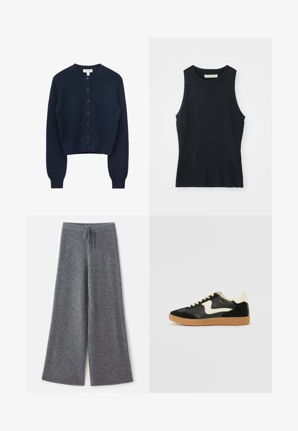 Cardigan en maille côtelée bleu marine foncé avec manches longues, encolure ronde et fermeture à boutons sur le devant avec sept boutons.; Débardeur en tricot gris foncé sans manches avec col rond, posé à plat sur un fond blanc.; Pantalons larges gris en tissu tricoté doux avec une taille élastique à cordon, mettant en valeur une surface texturée et des bords nets.; Baskets en daim et cuir noir avec un swoosh latéral crème et un talon crème clair. Dotées de lacets beige et d'une semelle en caoutchouc gomme.