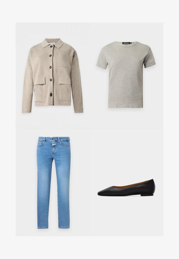 Cardigan en maille beige à manches longues avec col, boutons noirs à l’avant et trois poches plaquées sur le devant.; T-shirt en coton gris clair à manches courtes et col rond avec une étiquette noire visible à l'intérieur du col indiquant "DENIM" et la taille "S."; Jean slim bleu clair avec bouton et fermeture éclair à l'avant, design à cinq poches et légère décoloration sur les cuisses et les genoux.; Chaussure plate en cuir noir à bout pointu avec talon bas et finition lisse, vue de côté sur un fond gris clair.