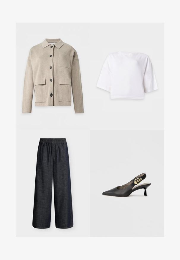 Cardigan en maille beige à manches longues avec col, boutons noirs à l’avant et trois poches plaquées sur le devant.; T-shirt blanc court, ample, manches courtes avec col rond sur fond uni.; Pantalon bleu foncé à jambes larges avec taille élastique et sans poches visibles, présenté sur un fond clair uni.; Chaussure à talon haut noire à bride arrière, avec un bout pointu, une texture en cuir lisse et une accent de boucle dorée sur la bride.