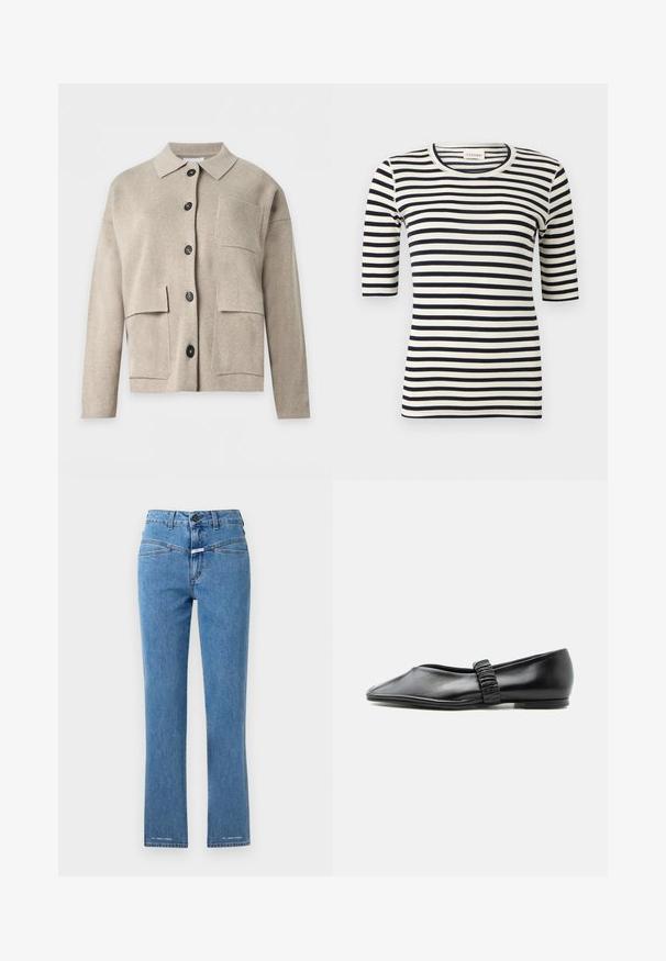 Beige strikket cardigan med lange ærmer, krave, sorte knapper foran og tre forlommer med lap.; Sort og hvidt, vandret striped tætsiddende skjorte med albuelange ærmer og rund halsudskæring.; Lysblå denimjeans med lige ben, høj talje og to forlommer. Har knaplukning og mærkegenkendelse nær kanten.; Sort læder flad sko med en rynket rem over toppen og en let spids tå, vist mod en ensfarvet baggrund.