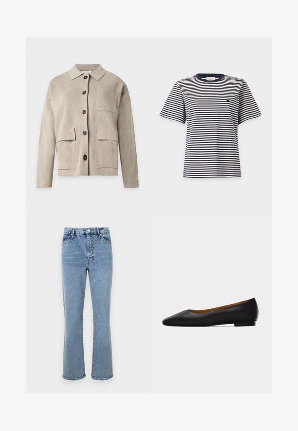 Beige strikket cardigan med lange ærmer, krave, sorte knapper foran og tre forlommer med lap.; Kortærmet skjorte med sort-hvide vandrette striber og et lille broderet logo på venstre bryst, vist på en ensfarvet baggrund.; Lyseblå jeans i denimmateriale med høj talje, flagrende benform, fem-lomme design og kontrastsyninger.; Sort læder flad sko med spids tå, lav hæl og glat finish, vist fra siden på en lysegrå baggrund.