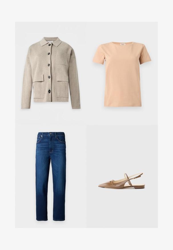 Beige strikket cardigan med lange ærmer, krave, sorte knapper foran og tre forlommer med lap.; Beige kortærmet T-shirt med rund halsudskæring og lige kant på en ensfarvet lysegrå baggrund.; Mørkeblå denimjeans med lige pasform, fem lommer, synlige syninger og knaplukning. Glat tekstur.; Brune lædersandaletter med spidse tæer, to smalle stropper og en lav hæl. Glat tekstur med en poleret finish.