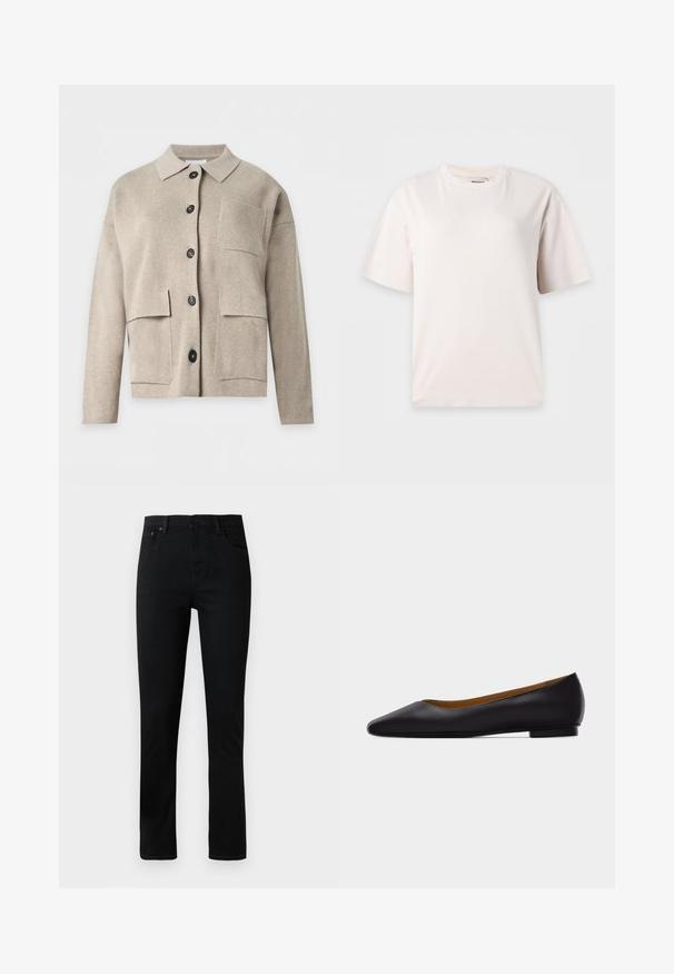 Beige langermet strikket cardigan med krage, svarte knapper foran og tre brystlommer.; Enkel hvit T-skjorte med korte ermer og rund hals vist på en lys grå bakgrunn.; Sorte denim jeans med rett ben, som har knappelukking, fem lommer og subtile sømdetaljer. Glatt tekstur, klassisk design.; Svart skinnsko med spiss tå, flat såle og lav hæl, med glatt finish, vist fra siden på en lys grå bakgrunn.