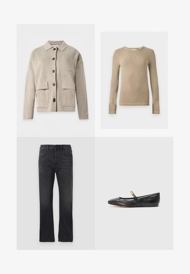 Beige strikket cardigan med lange ærmer, krave, sorte knapper foran og tre forlommer med lap.; Beige ribstrikket langærmet top med rund halsudskæring, tætsiddende pasform og synlige sømmer på kanterne mod en ensfarvet baggrund.; Sorte denimjeans med lige ben, der har et klassisk fem-lomme design, knaplukning og subtilt slid på stoffet.; Sorte læder balletflade med spids tå, slank rem og en lille guldfinisher nær remmen. Glat tekstur og lav hæl.