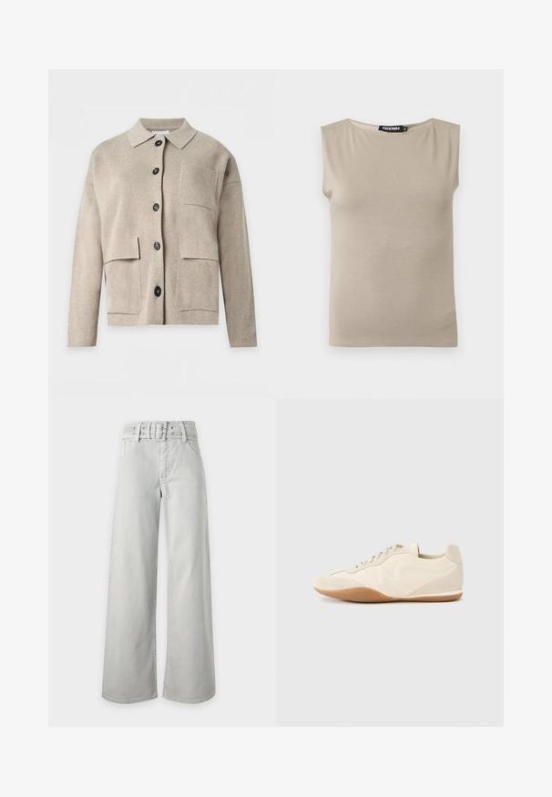 Cardigan en maille beige à manches longues avec col, boutons noirs à l’avant et trois poches plaquées sur le devant.; Haut beige en coton sans manches avec larges bretelles et col rond, taille moyenne, posé à plat sur fond blanc.; Jean gris clair taille haute à jambes larges, avec poches avant, passants de ceinture et ceinture en tissu assortie avec boucle.; Baskets beige clair avec une tige en cuir texturé, des panneaux latéraux texturés et une semelle en caoutchouc. Dotées d'un design fin et épuré ainsi que de lacets plats.