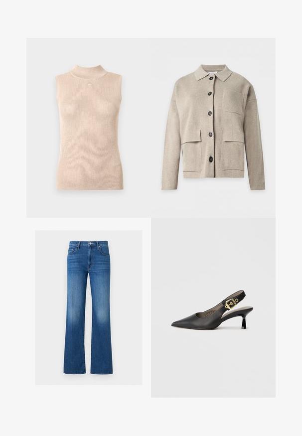 Cardigan en maille beige à manches longues avec col, boutons noirs à l’avant et trois poches plaquées sur le devant.; Haut sans manches à col montant en maille côtelée beige doux. Présente un léger éclat, une forme ajustée et un petit logo au niveau de l'encolure.; Jean en denim bleu avec taille haute, fermeture par bouton et zip, poches avant et arrière, et légère évasement au niveau des jambes.; Chaussure à talon haut noire à bride arrière, avec un bout pointu, une texture en cuir lisse et une accent de boucle dorée sur la bride.