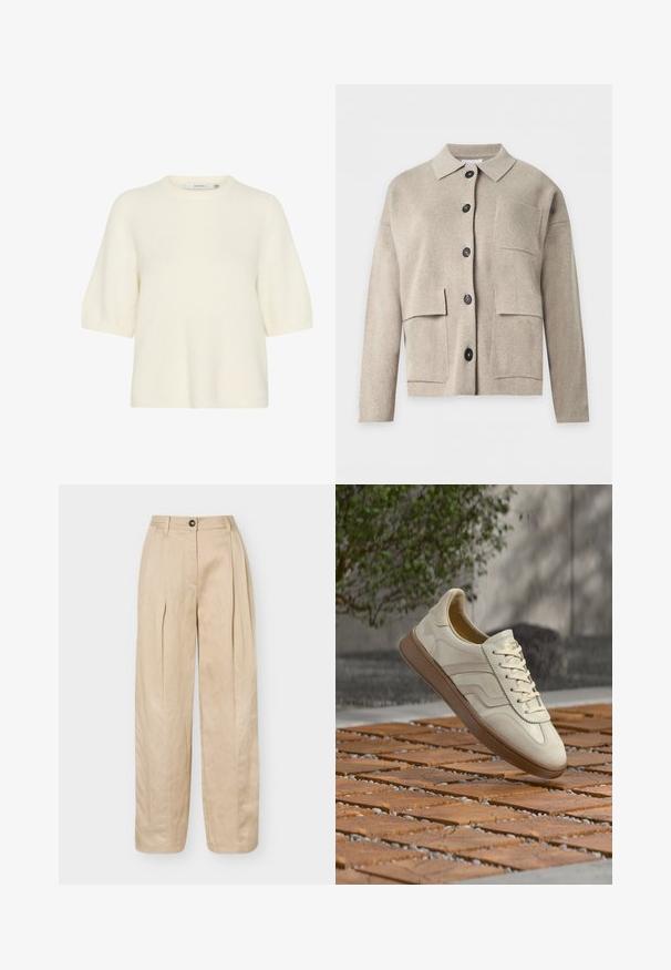 Beige gebreid vest met lange mouwen, kraag, zwarte knopen aan de voorkant en drie opgestikte voorzakken.; Korte mouwen, ronde hals trui gemaakt van zacht, pluizig materiaal in off-white. Beschikt over een relaxte pasvorm met geribde manchetten en boord.; Beige broek met wijde pijpen, voorplooien, riemlussen, knoopsluiting en een gladde afwerking.; Sneaker in roomkleur met een gestructureerde beige rubberen zool, vetersluiting en subtiele merkdetails aan de zijkant. Bovenwerk van glad leer.