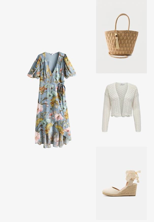 Hvid strikket cardigan med åben frontrinde, tekstureret mønster, lange ærmer og bølget kant. Let og åndbar stof.; Lyseblå omslagskjole med korte pufærmer og et blomsterprint i gult, pink og grønt, med bånd i siden og V-udskæring.; Beige espadrille kile med overdel i kanvas, åben tå og bløde båndsnore. Teksturiseret jutekile med et fletmønster.; Flettet stråtaske med runde håndtag, firkantet mønster og to hængende kvaster med træperler på en ensfarvet baggrund.