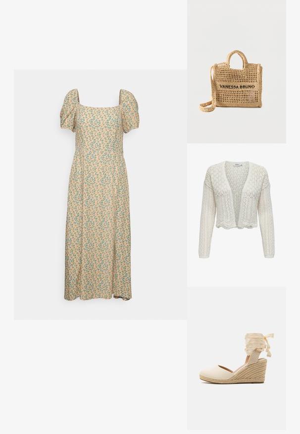 Hvid strikket cardigan med åben frontrinde, tekstureret mønster, lange ærmer og bølget kant. Let og åndbar stof.; Even&Odd by Zalando Hverdagskjole - green/pink; Beige espadrille kile med overdel i kanvas, åben tå og bløde båndsnore. Teksturiseret jutekile med et fletmønster.; Vævet beige håndtaske med to håndtag, lang rem, åben vævning og "VANESSA BRUNO" broderet i sort på forsiden.