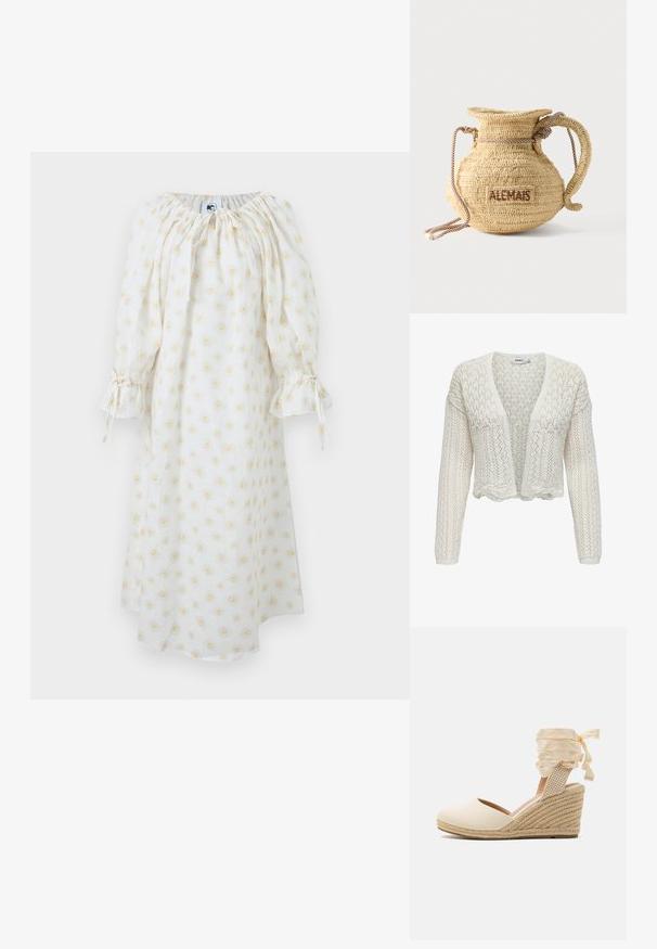 Cardigan en tricot blanc avec une ouverture sur le devant, motif texturé, manches longues et ourlet festonné. Tissu léger et respirant.; Robe midi blanche à manches longues, col froncé, poignets à cordon et motif floral de marguerites jaunes.; Escarpin compensé beige avec tige en toile, bout ouvert et lacets en ruban doux. Compensé en jute texturé avec un motif tressé.; Sac à main rond en paille tissée avec une anse en corde et "ALEMAIS" brodé sur le côté en fil marron.