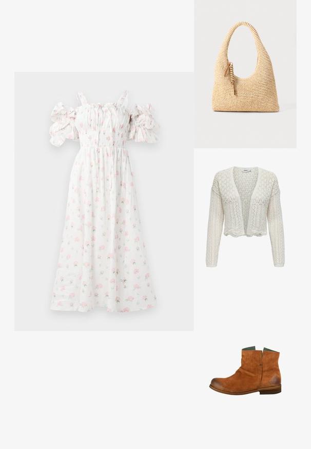 Hvid strikket cardigan med åben frontrinde, tekstureret mønster, lange ærmer og bølget kant. Let og åndbar stof.; Hvid blomsterkjole med pink rosetter, smocket liv, skulderfri puffærmer og en svævende silhuet.; Brun suede ankelstøvle med en rund tå, kort skaft og en let slidt finish. Har en grøn indvendig og en træsål.; Vævet beige håndtaske med et buet håndtag, struktureret overflade og en brun frynse detalje. Har en afslappet, hobo-form.