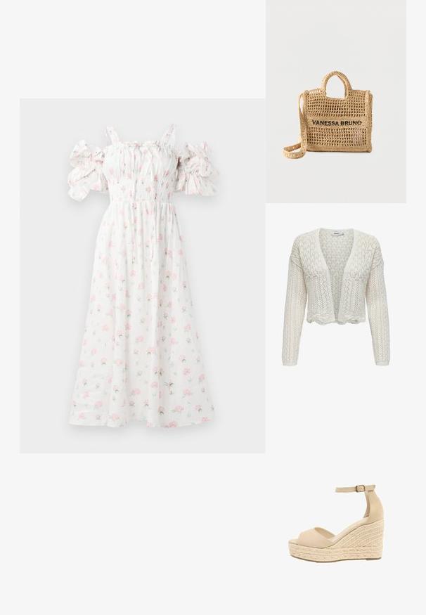 Hvid strikket cardigan med åben frontrinde, tekstureret mønster, lange ærmer og bølget kant. Let og åndbar stof.; Hvid blomsterkjole med pink rosetter, smocket liv, skulderfri puffærmer og en svævende silhuet.; Beige kile-sandal med fletplatform i jute, åben tå og ankelrem med guldlås.; Vævet beige håndtaske med to håndtag, lang rem, åben vævning og "VANESSA BRUNO" broderet i sort på forsiden.