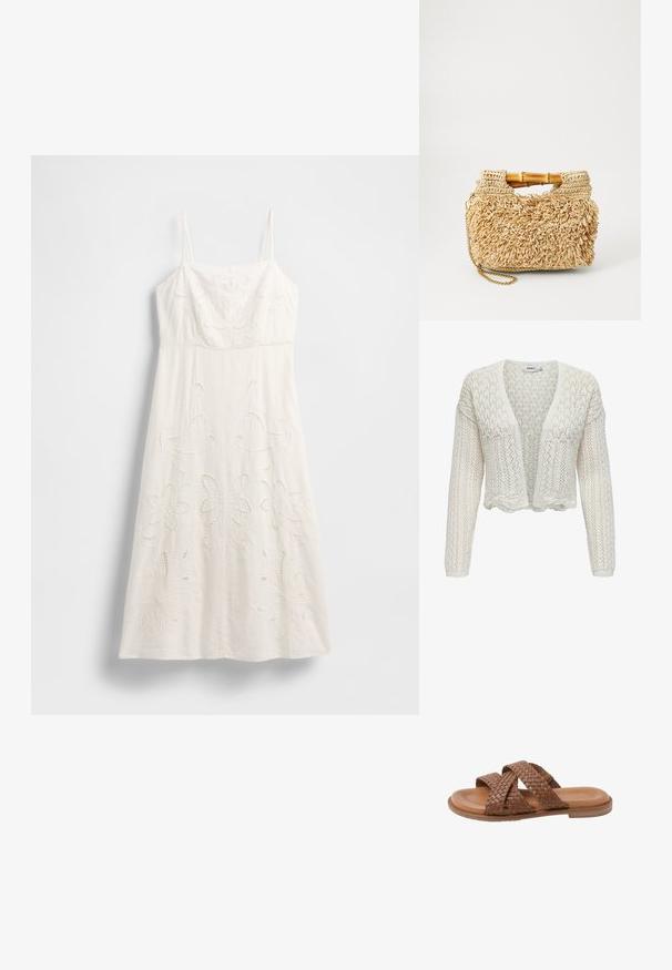 Cárdigan blanco de punto con frente abierto, patrón texturizado, mangas largas y dobladillo en forma de concha. Tejido ligero y transpirable.; Vestido blanco hasta la rodilla con tirantes finos, bordado floral y detalles recortados. Confeccionado con tela ligera y una silueta fluida.; Sandalia de cuero marrón tipo 'slide' con dos amplias correas tejidas que cruzan sobre el pie y una suela plana, aislada sobre fondo blanco.; Bolso de paja tejido con asas de bambú, que presenta un diseño de flecos texturizados en beige natural y una correa de cadena dorada.