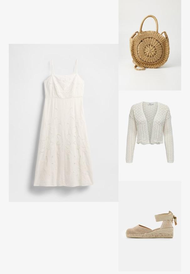 Cárdigan blanco de punto con frente abierto, patrón texturizado, mangas largas y dobladillo en forma de concha. Tejido ligero y transpirable.; Vestido blanco hasta la rodilla con tirantes finos, bordado floral y detalles recortados. Confeccionado con tela ligera y una silueta fluida.; Espadrille beige con parte superior de lona, tacón tejido texturizado y suela de yute trenzado; cuenta con una correa atada al tobillo para un ajuste seguro.; ONLY ONLPENELOPE BEACH ROUND CROSSOBODY - Bandolera - toasted coconut
