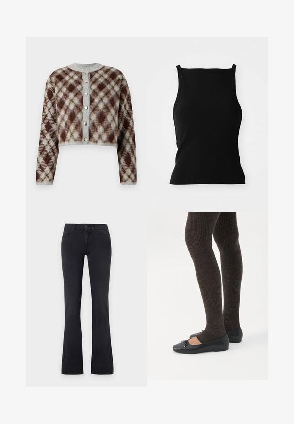 Forkortet cardigan i et brunt, gråt og beige diamantmønster. Har en rund halsudskæring og fem sølvfarvede knapper foran.; Sort ribbet tanktop med en tætsiddende silhuet, som har brede stropper og en cropped kant. Glat tekstur, enkelt design, ingen mønstre eller accenter.; Sorte denimjeans med høj talje, forrest med knap- og lynlåslukning, fem lommer og let udvidede ben.; Ben iført mørke ribbede leggings kombineret med sorte balletsko med små sløjfedetaljer på hvid baggrund.