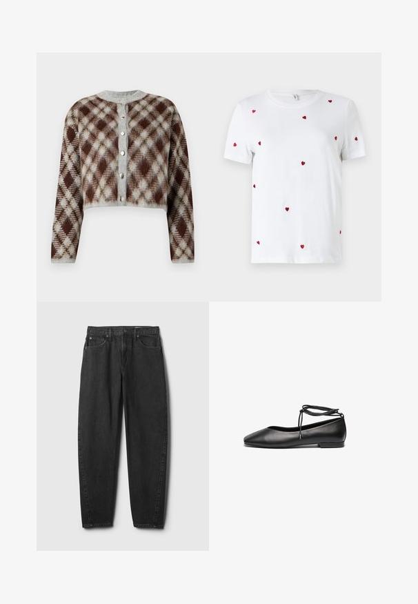 Kurzes Cardigan in einem braun-grauen-beigen Rautenmuster. Mit einem Rundhalsausschnitt und fünf silberfarbenen Knöpfen auf der Vorderseite.; Weißes Baumwoll-T-Shirt mit verstreuten roten gestickten Herzen. Klassischer Rundhalsausschnitt und kurze Ärmel. Einfaches, modernes Design.; Schwarze Jeans aus Denim mit geradem Beinverlauf, ausgestattet mit fünf Taschen, einem Knopfverschluss und dezenten Ziernähten. Klassisches Design und Textur.; Schwarze Leder-Ballerinas mit spitzem Zehenbereich, flachem Absatz und einer gewickelten Schnürung am Knöchel. Glatte Oberfläche, minimalistisches Design.