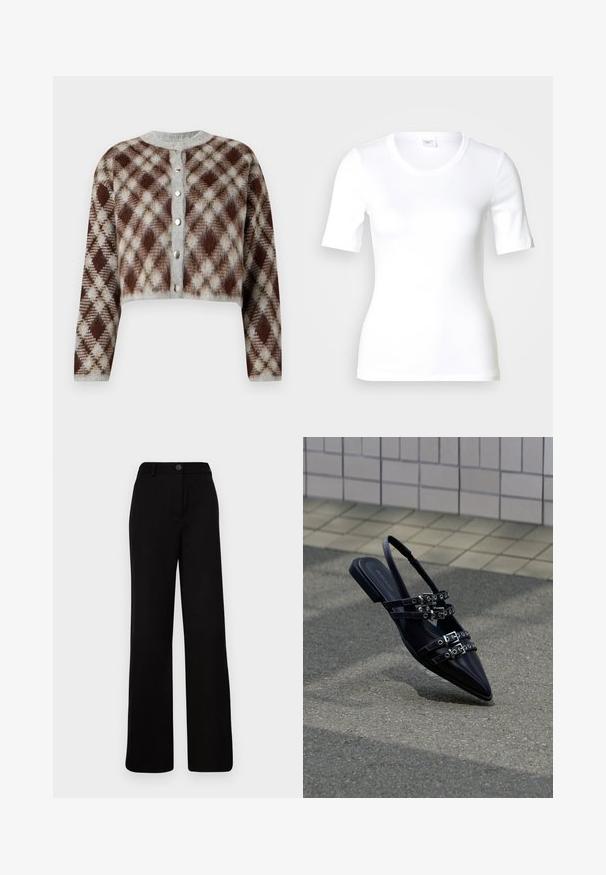 Korte cardigan in een bruine, grijze en beige ruitpatroon. Voorzien van een ronde hals en vijf zilverkleurige knopen aan de voorkant.; Wit T-shirt met korte mouwen van glad katoen, met een ronde halslijn en een aangesloten pasvorm. Klassiek ontwerp, zonder patronen of accenten.; Zwarte wijde broek met een platte front, knoopsluiting en gestructureerde tailleband. Gemaakt van een gladde stof met een taillerend ontwerp.; Zwarte sandaal met platte zool en spitse neus, voorzien van meerdere gespsluitingen en een slingback, geplaatst boven een verhard oppervlak en een tegelmuur op de achtergrond.