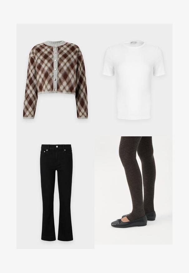 Cardigan court avec un motif en losanges marron, gris et beige. Doté d'un col rond et de cinq boutons en métal argenté sur le devant.; T-shirt blanc à manches courtes, côtelé, col rond avec une coupe ajustée et une petite étiquette de marque à l'intérieur du col.; Jean en denim noir évasés avec une taille ajustée, design à cinq poches et accents en métal argenté, présentant une texture lisse et une longueur standard.; Jambes portant des leggings côtelés foncés associés à des ballerines noires avec de petits détails en nœud sur fond blanc.